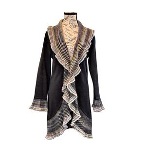 ANGEN Merino Wool Ruffle Shawl Collar Cardigan | Small | Multicolor Trim | Italy